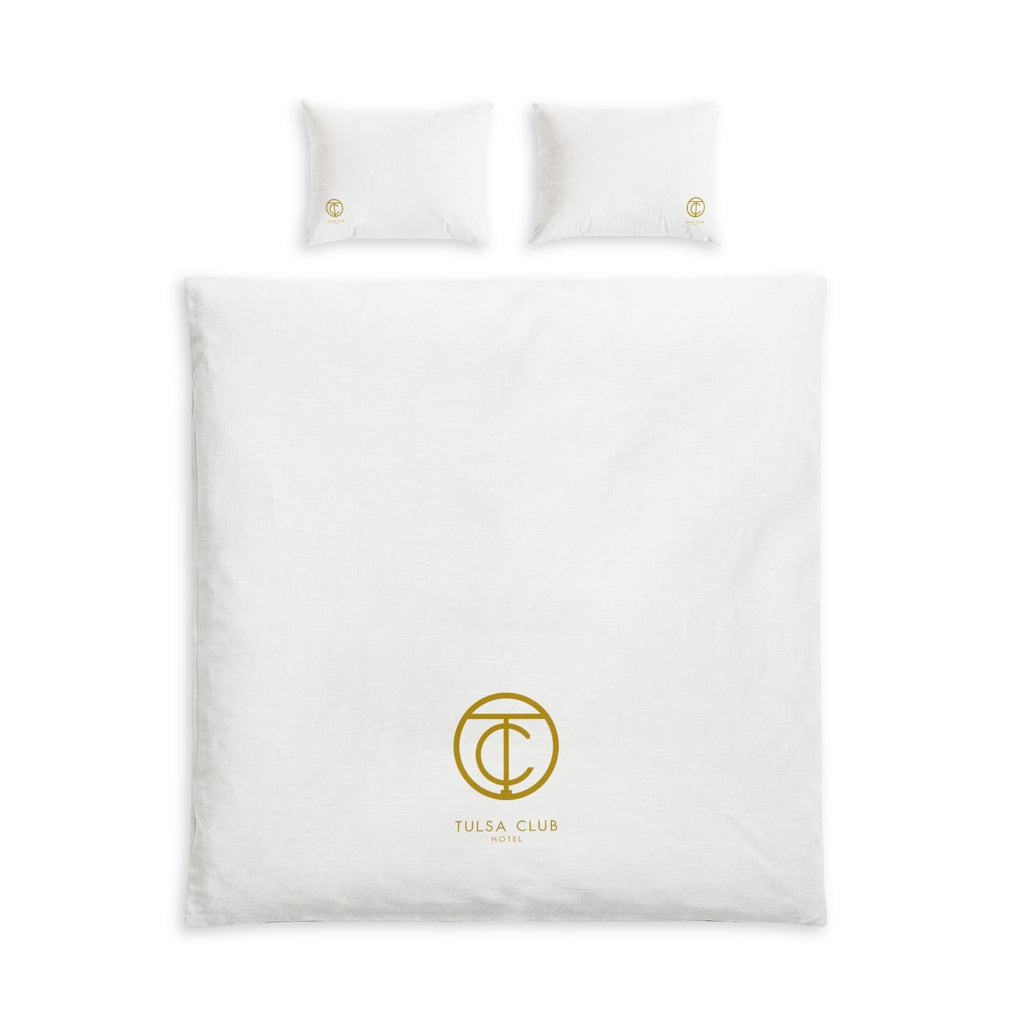 Duvet Cover Set — White Cotton Bed Set with Gold Circle Monogram (Tulsa Club)