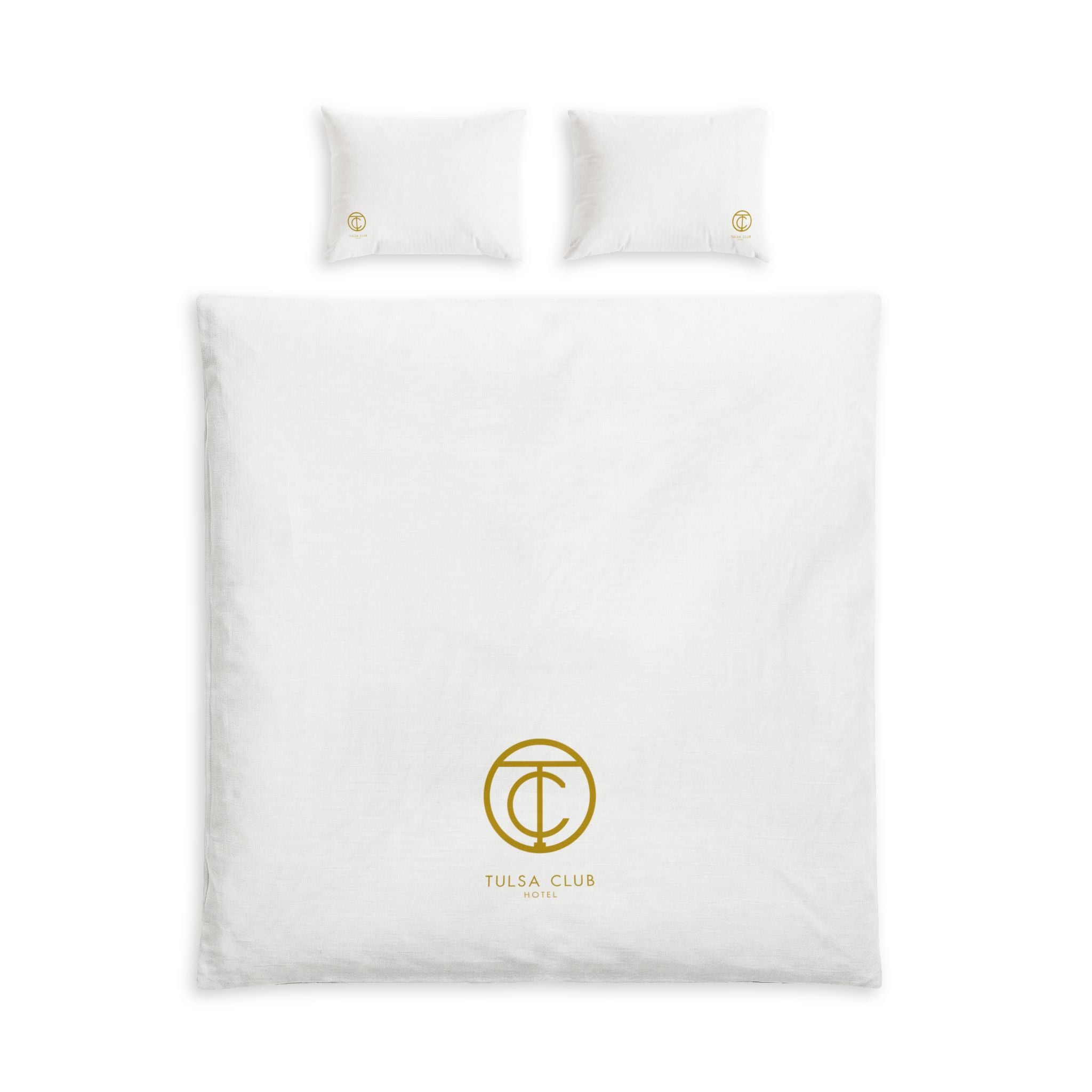 Duvet Cover Set — White Cotton Bed Set with Gold Circle Monogram (Tulsa Club)