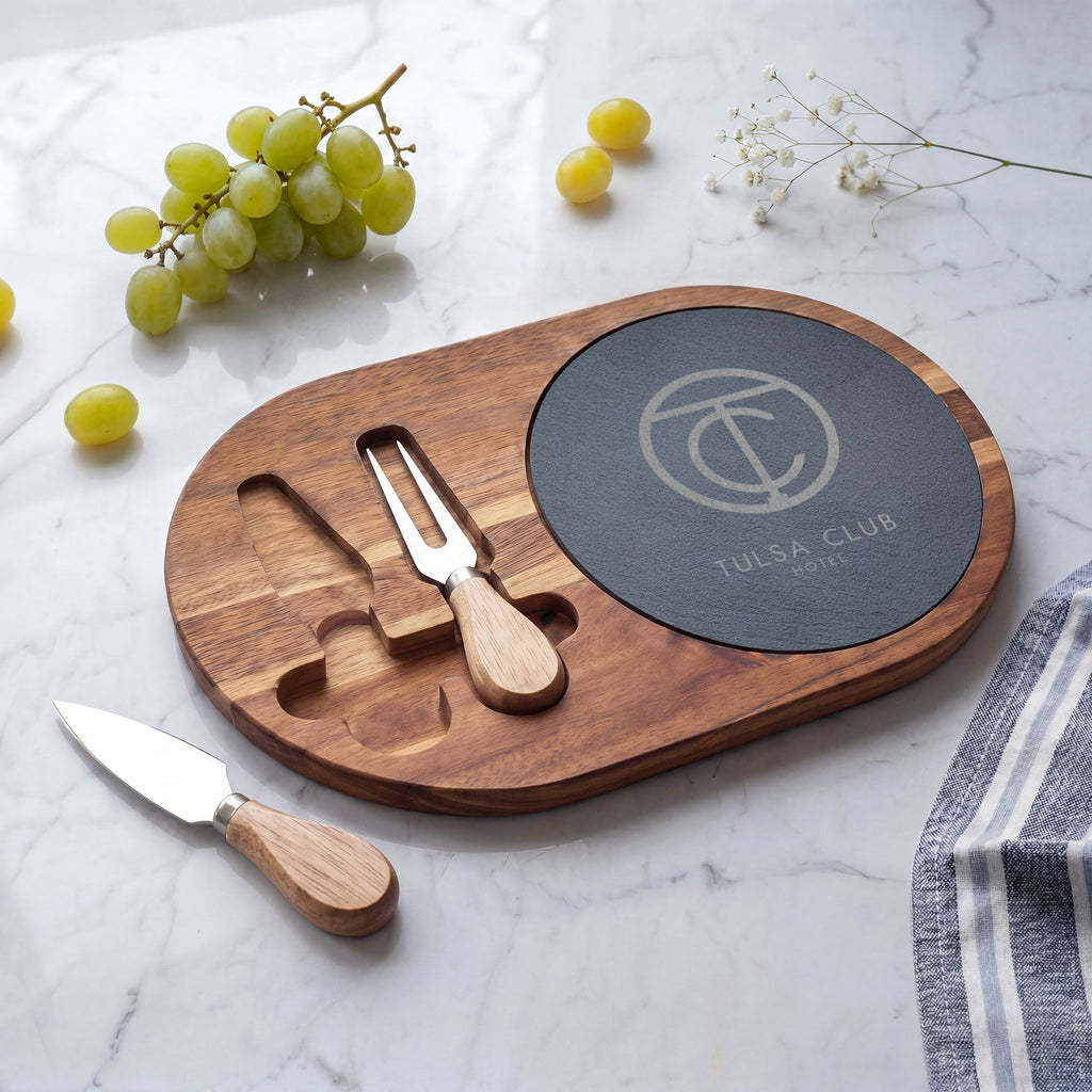 Tulsa Club Signature Engraved Acacia & Slate Charcuterie Board