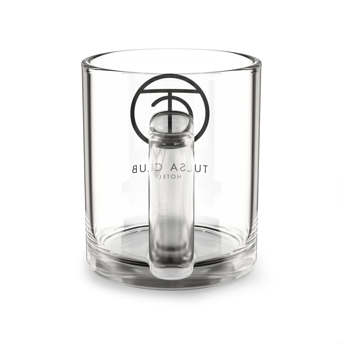 Tulsa Club Glass Mug — 10oz Clear Coffee & Tea Cup with Monogram Logo